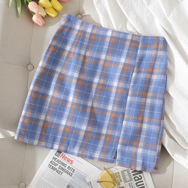 

Zipper Side Split Hem Tartan Skirt, Multicolor