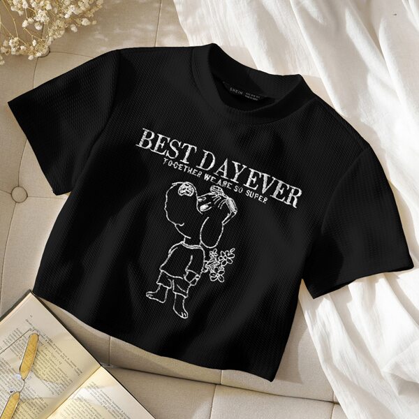 

Slogan & Cartoon Embroidered Waffle Knit Tee, Black