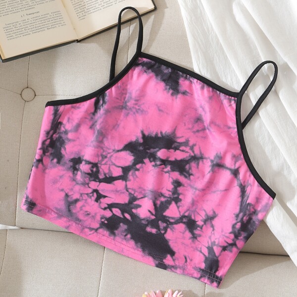 

Contrast Binding Tie Dye Cami Crop Top, Pink