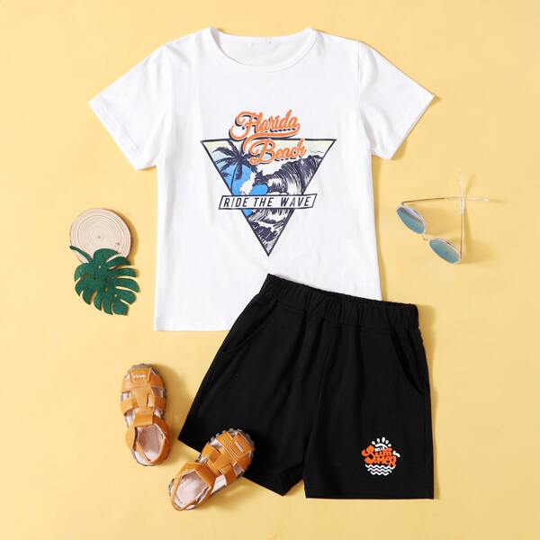 

Boys Tropical And Slogan Graphic Tee & Shorts, Black and white