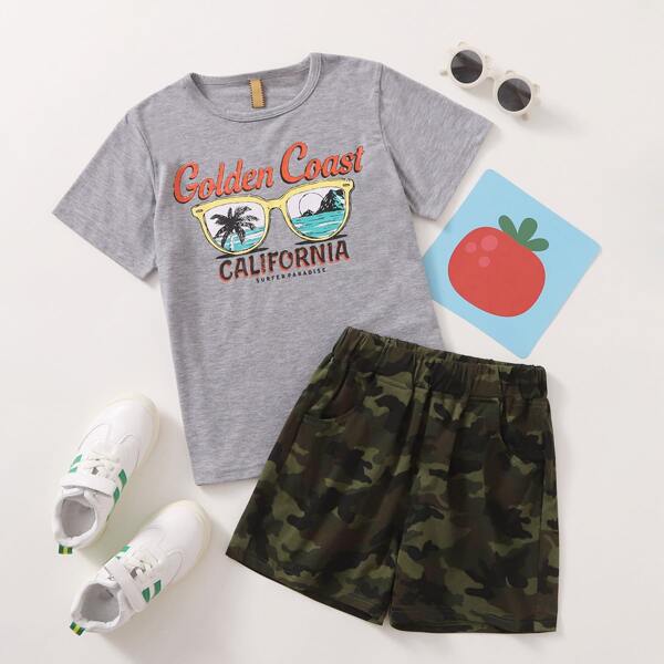 

Boys Letter Graphic Tee With Camo Shorts, Multicolor