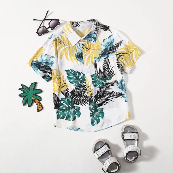 

Boys Allover Leaf Print Pocket Shirt, Multicolor