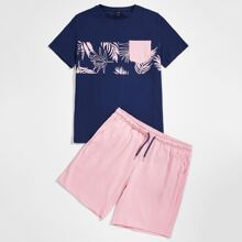 Guys Tropical & Colorblock Print Tee & Shorts Set