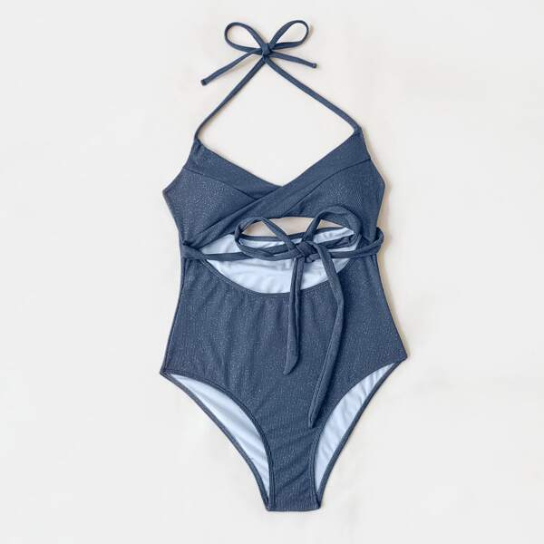 

Rib Cut-out Crisscross One Piece Swimsuit, Dusty blue