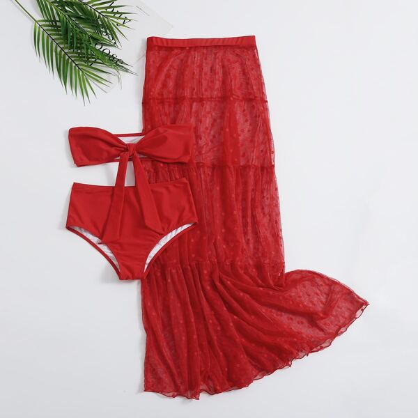

3pack Knot Front Bandeau Bikini Swimsuit & Dobby Mesh Cover Up, Red