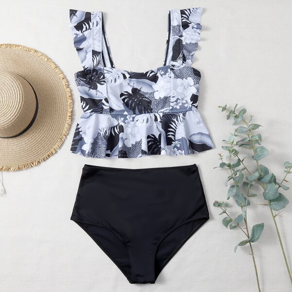 

Plant Print Ruffle Trim High Waisted Bikini Swimsuit, Multicolor