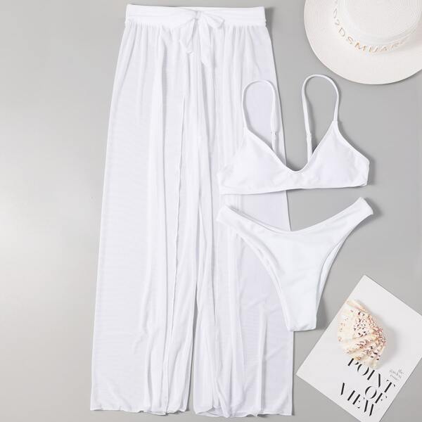 

3pack Plain Bikini Swimsuit & Cover Up Pants, White
