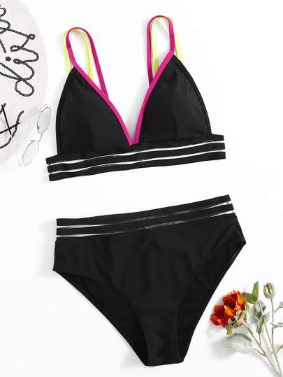 مجموعة بكيني شبكي بحواف ملونة مقاس كبير للصيف والشاطئ