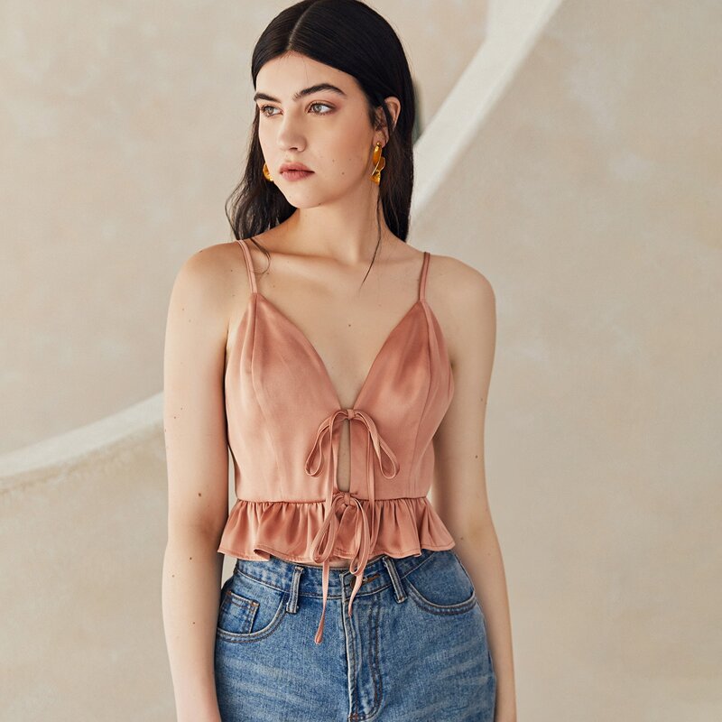 

Tie Front Ruffle Hem Cami Top, Coral pink