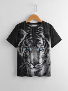 SHEIN Tween Boy Tiger Print Tee - Black - View 1