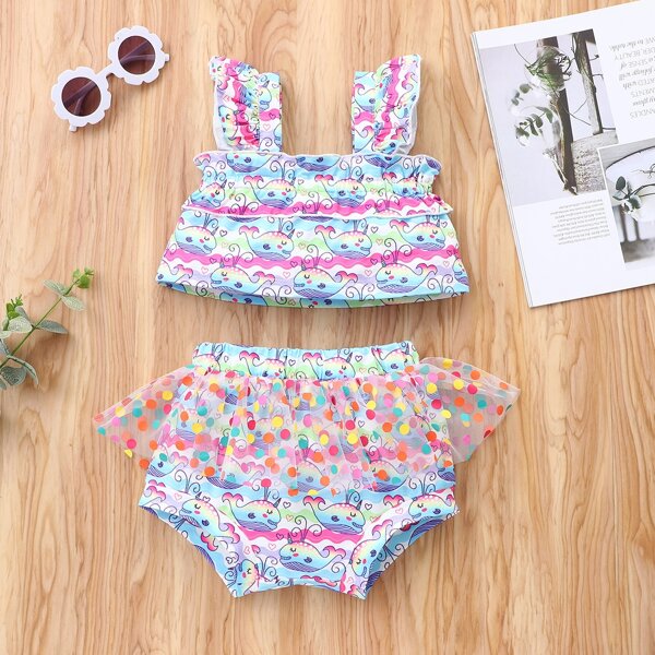 

Baby Girl Cartoon Graphic Cami Top & Contrast Mesh Shorts, Multicolor