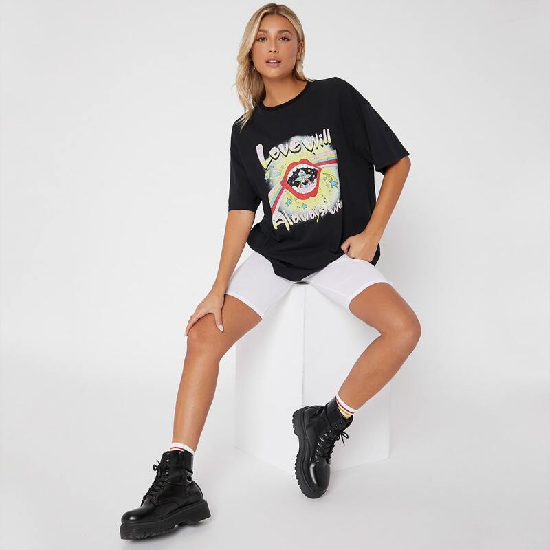 

Drop Shoulder Letter & Alien Graphic Longline Tee, Black