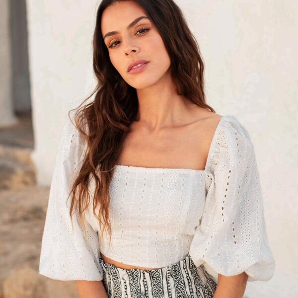 

Square Neck Puff Sleeve Schiffy Top, White