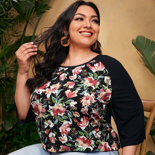 

Plus Floral Print Raglan Sleeve Tee, Multicolor