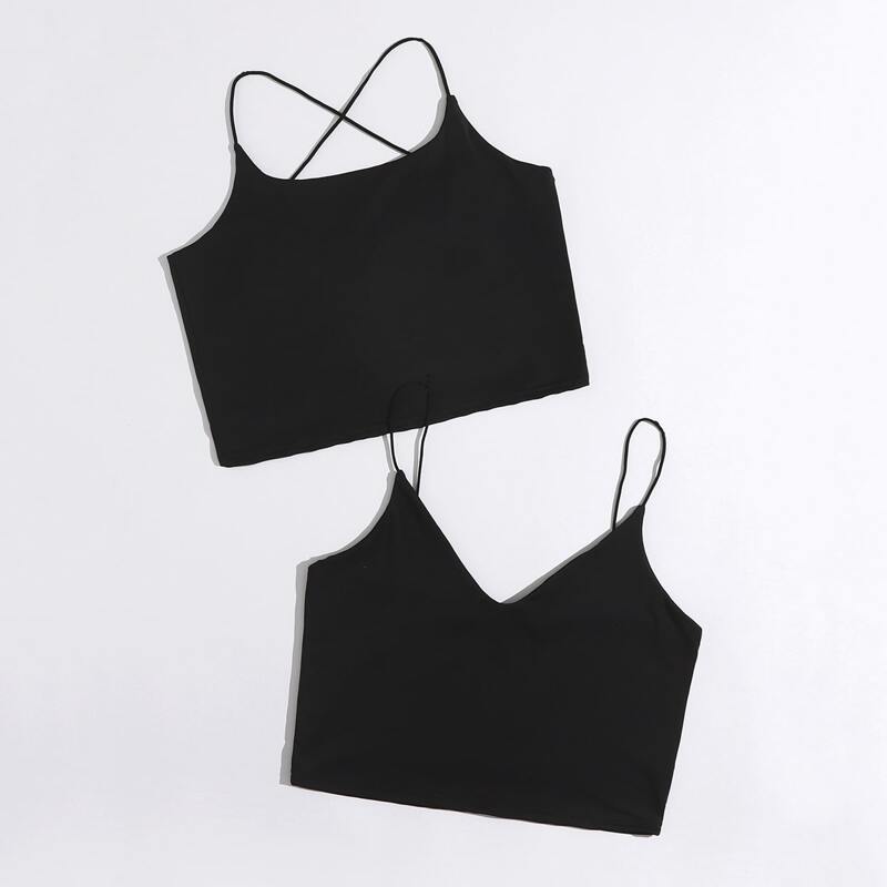 

1pc Criss Cross Crop Cami & 1pc Solid Cami, Black