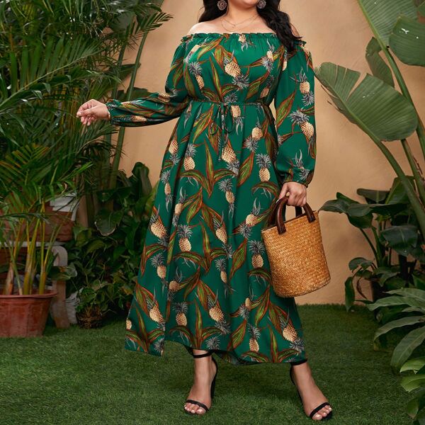 

Plus Pineapple Print Bardot Belted Dress, Green