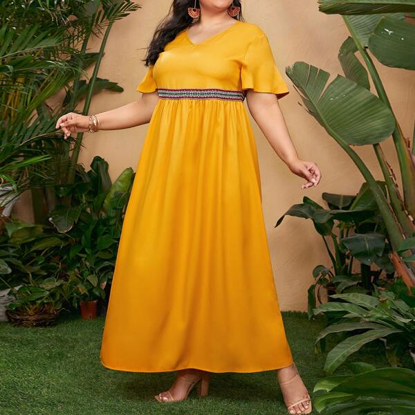 

Plus V-neck Contrast Tape Dress, Yellow