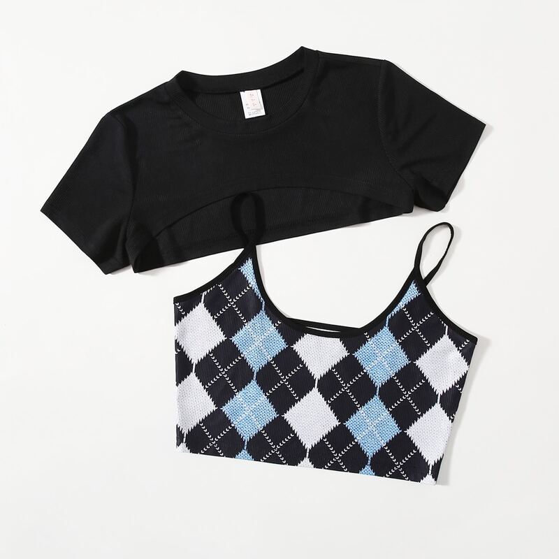 

Super Crop Tee & Argyle Pattern Crop Cami, Multicolor