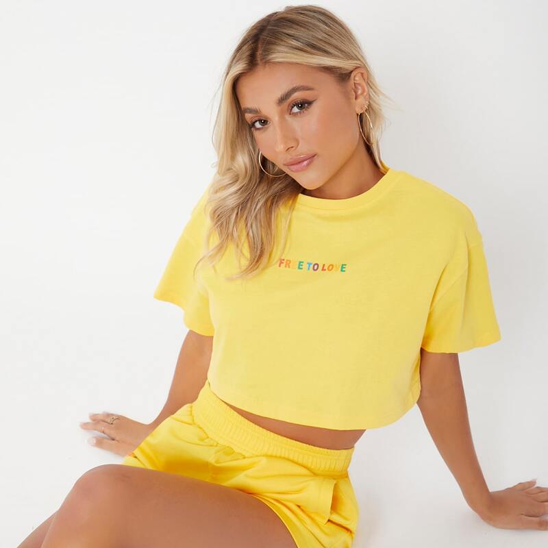 

Drop Shoulder Letter Graphic Crop Tee, Yellow