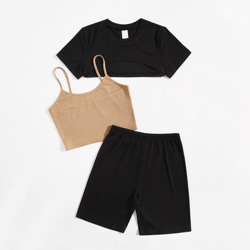 

1pc Super Crop Tee & 1pc Solid Crop Cami & 1pc Biker Shorts, Multicolor