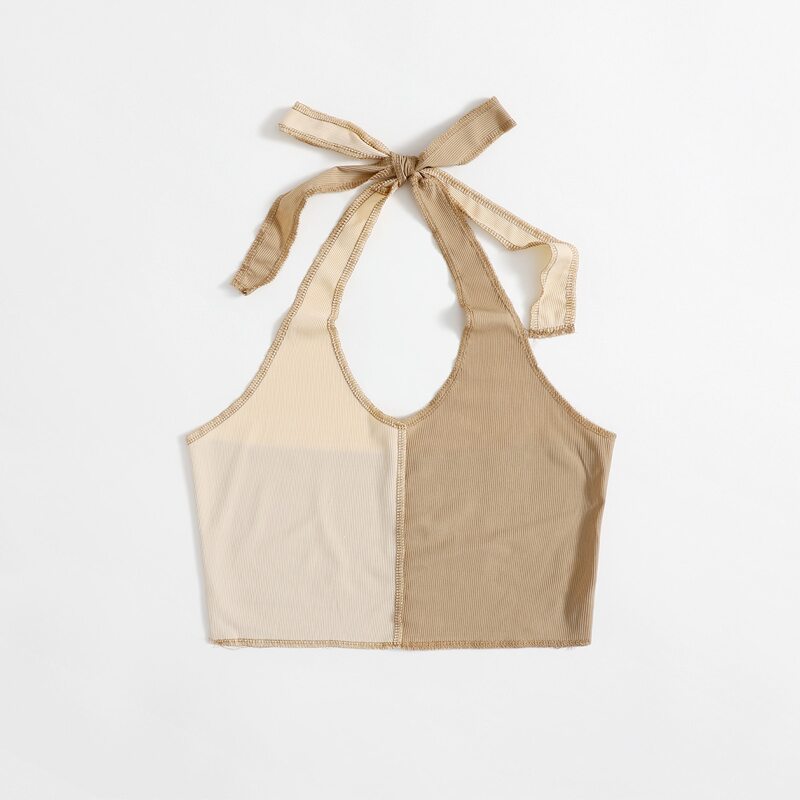 

Stitching Trim Colorblock Ribbed Halter Top, Multicolor