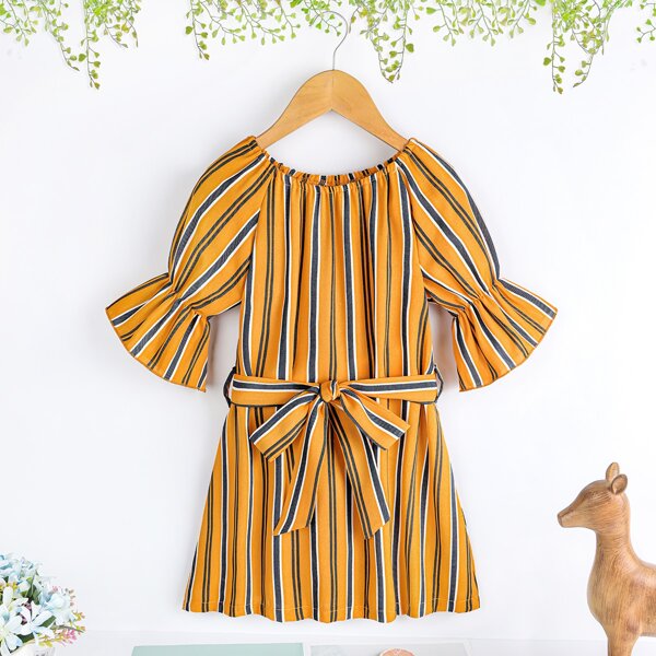 

Toddler Girls Striped Flounce Sleeve Belted Bardot Dress, Yellow
