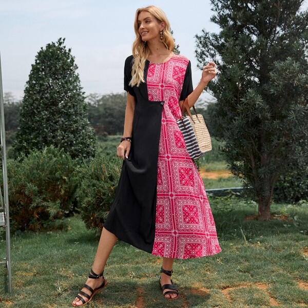 

Contrast Scarf Print Dress, Multicolor