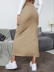 SHEIN Unity Falda De Cintura Alta Sólida Con Dobladillo Dividido - Caqui - Ver 2
