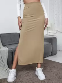 SHEIN Unity Falda De Cintura Alta Sólida Con Dobladillo Dividido - Caqui - Ver 6