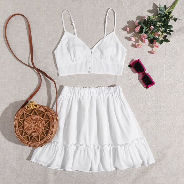 

Button Front Bustier Crop Cami Top & Skirt Set, White