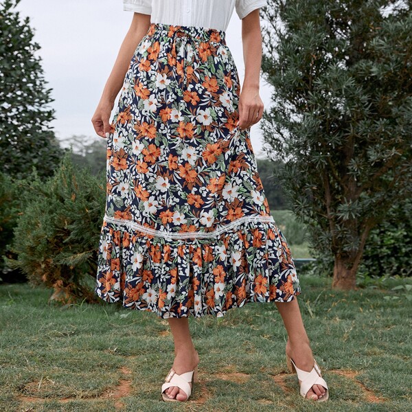 

Allover Floral Print Ruffle Hem Skirt, Multicolor