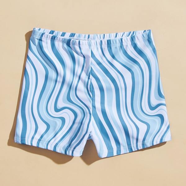

Boys Water Wave Print Beach Shorts, Blue and white
