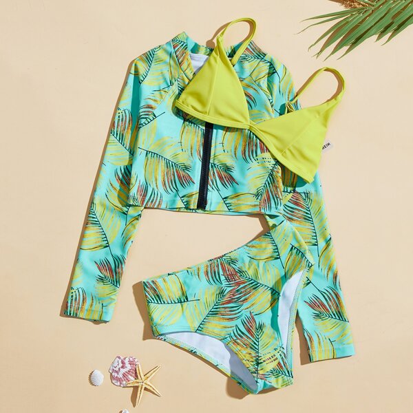 

3pack Girls Tropical Random Print Zipper Front Bikini Swimsuit & Cover Up, Multicolor