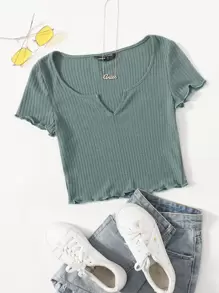 SHEIN EZwear Plus Notch Neck Lettuce Edge Tee - Mint Green - View 1