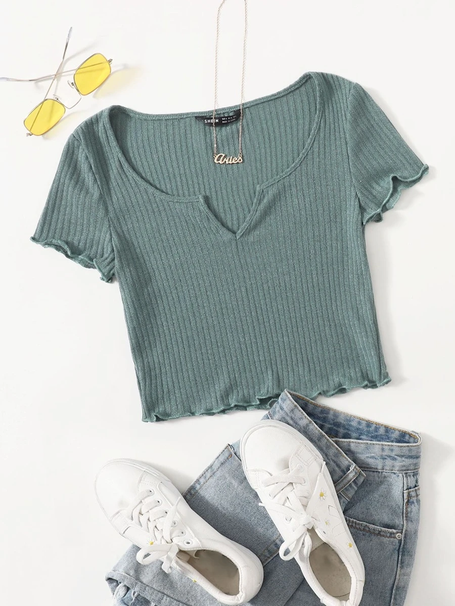 SHEIN EZwear Plus Notch Neck Lettuce Edge Tee - Mint Green - View 1