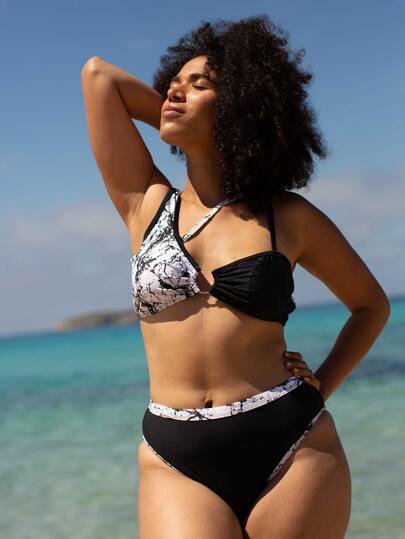 طقم بيكيني حلقي مربوط مطبوع بالرخام غير متماثل مقاس كبير للشاطئ الصيفي