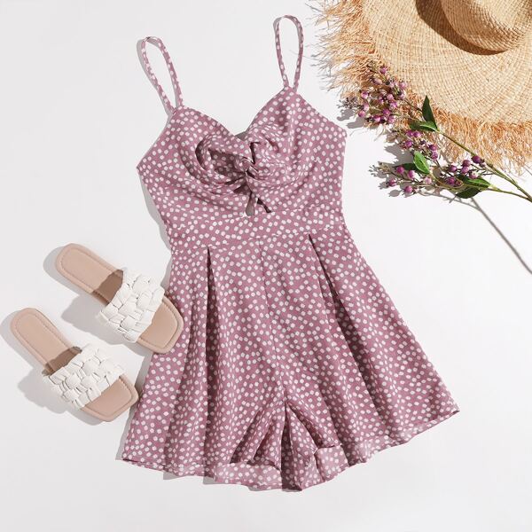 

Plus Twist Front Tie Back Ditsy Floral Slip Romper, Dusty pink