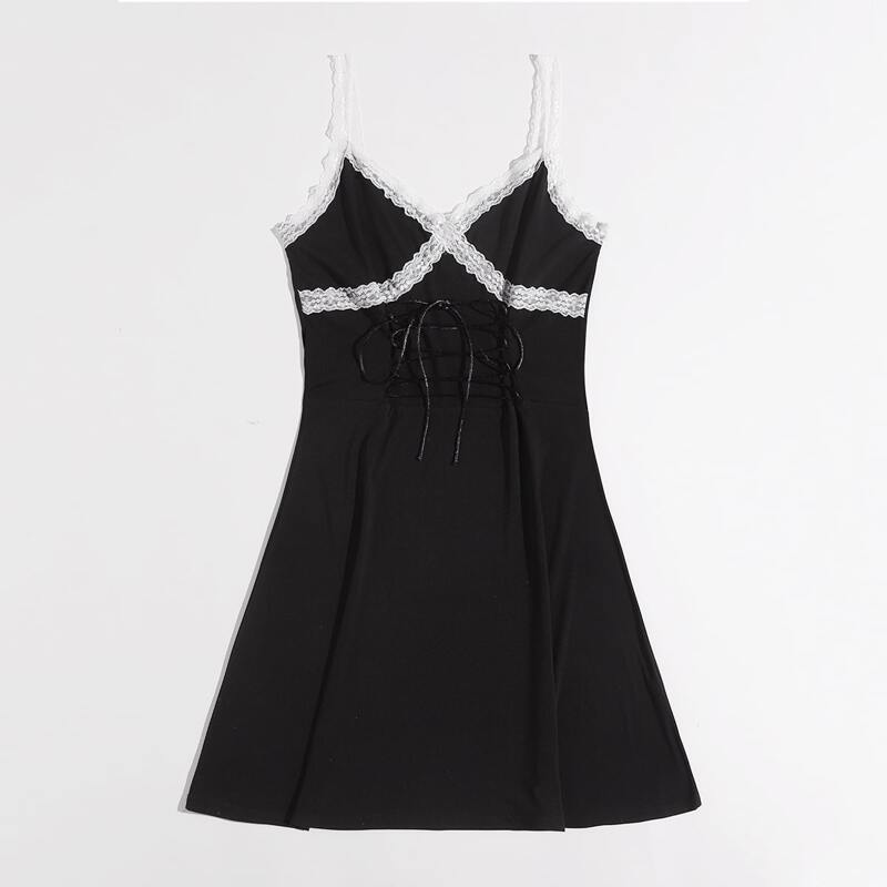 

Contrast Lace Lace Up Dress, Black