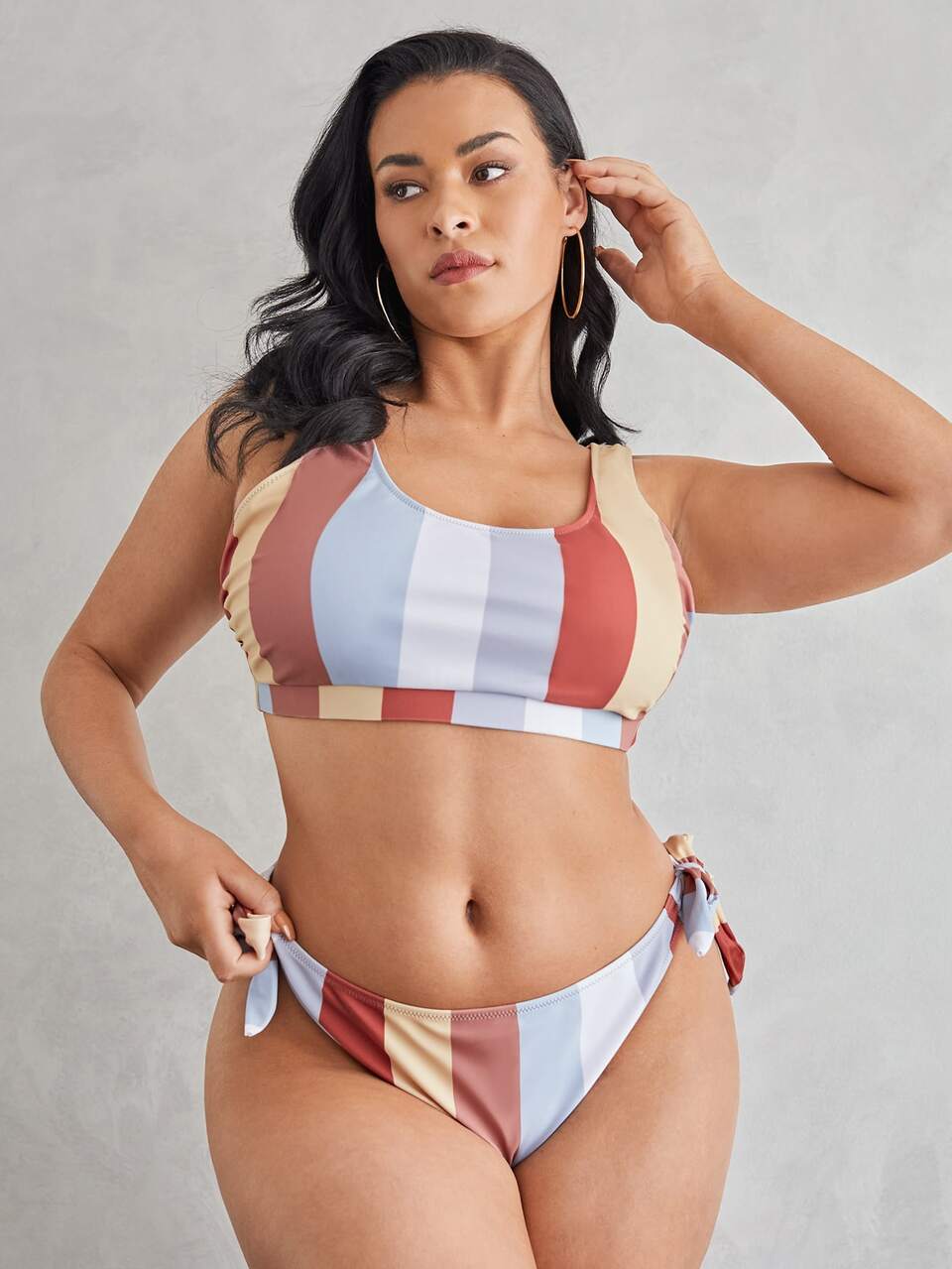 Plus Size Striped Print Knot Bikini Set Summer Beach