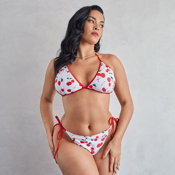 

Plus Cherry Print Triangle Tie Side Bikini Swimsuit, Multicolor