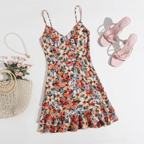 

Allover Floral Print Layered Hem Slip Dress, Multicolor