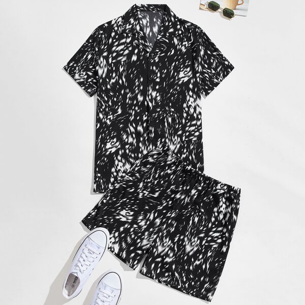 

Men Allover Print PJ Set, Black