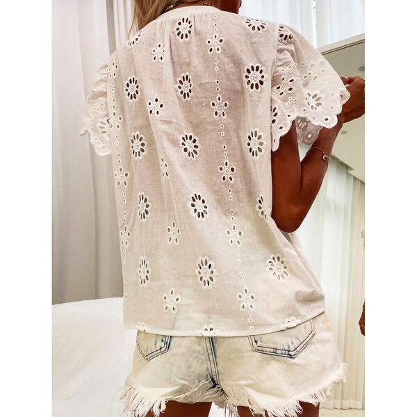 

Solid Eyelet Embroidery Butterfly Sleeve Tee, White