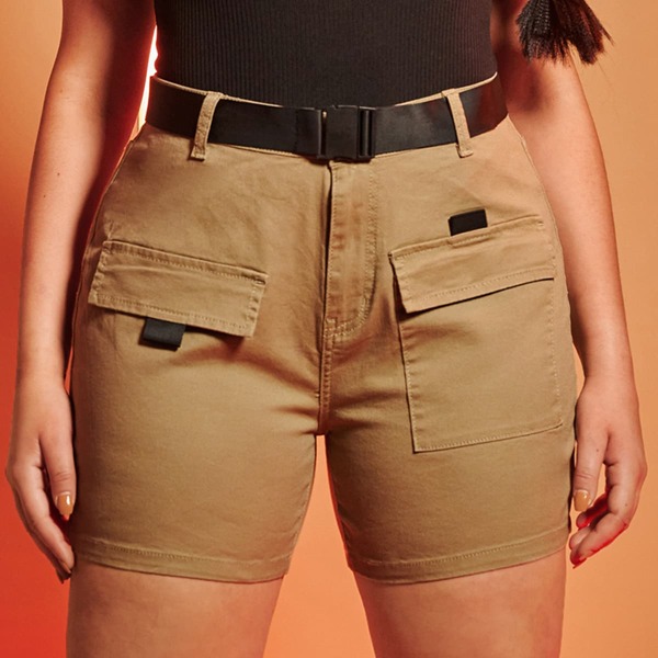 

Plus Flap Pocket Front Self Push Buckle Belted Denim Shorts, Khaki