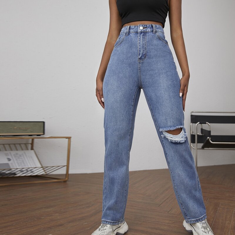 

Zipper Fly Ripped Detail Jeans, Medium wash