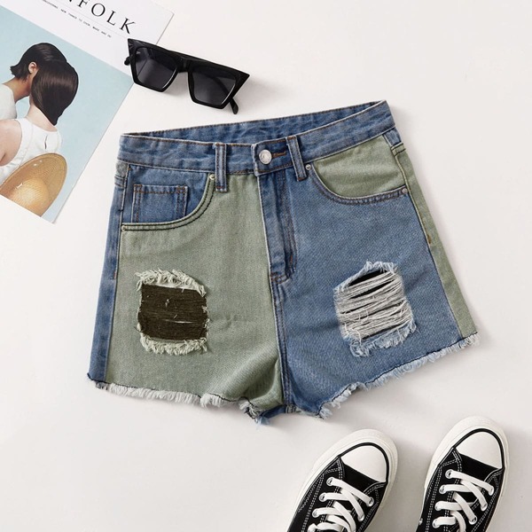 

Ripped Raw Hem Spliced Denim Shorts, Multicolor