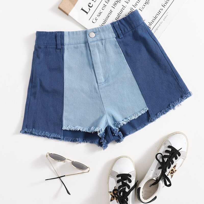 

Raw Hem Colorblock Shorts, Blue