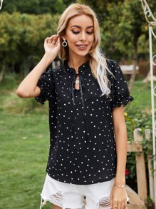 Pariaura Confetti Heart Print Tie Neck Blouse