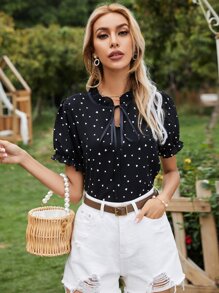 Pariaura Confetti Heart Print Tie Neck Blouse