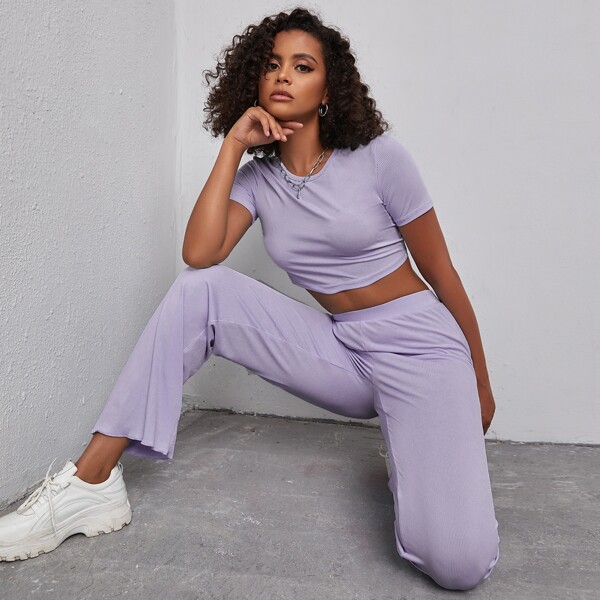 

Solid Crop Top & Pants Set, Lilac purple
